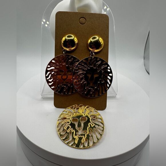 Vintage 1980s Anne Klein gold tone lion earring and brooch set! - Picture 3 of 11